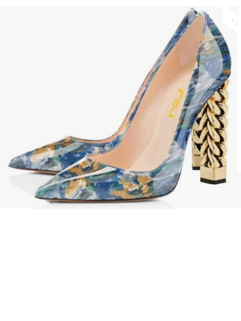 FSJ Blue Gold Metal Chain Chunky High Heel Pointed Toe Slip On Fashion Shoes